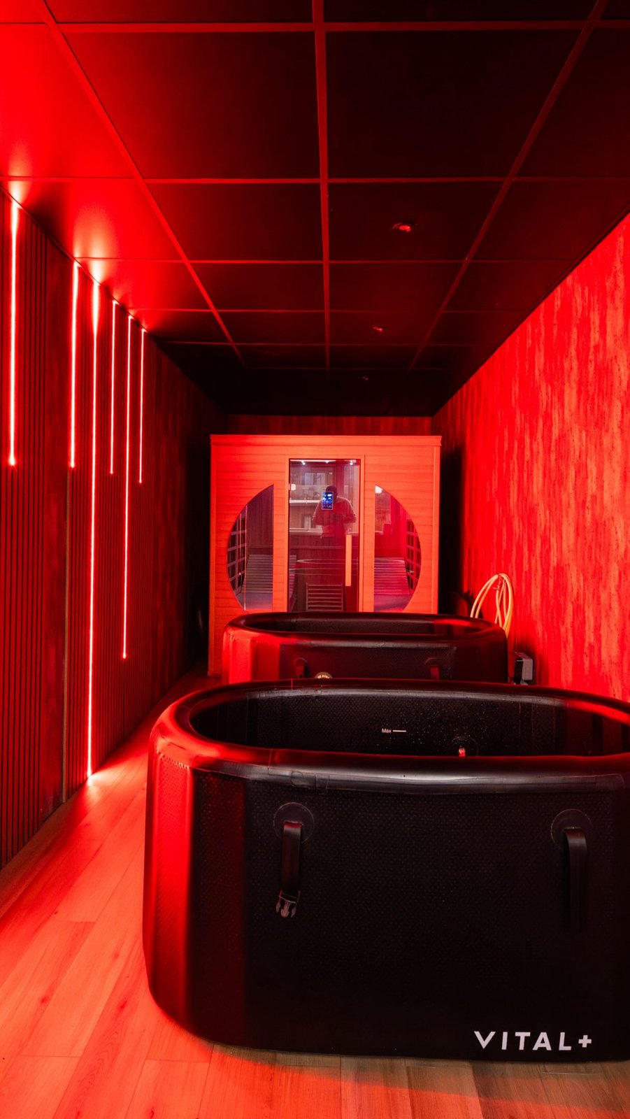 The recovery room lit in deep red